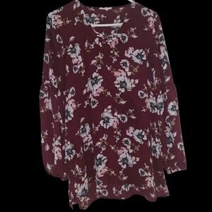 Maurices Maroon Floral Long Sleeve Blouse